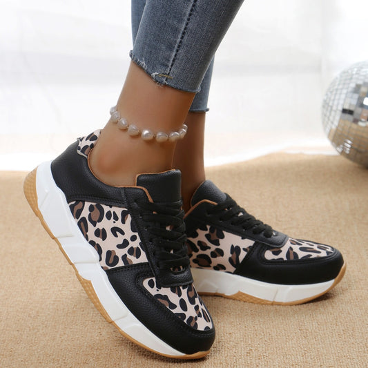 Leopard Print Casual Flat Lace-up Sports Casual Shoes